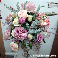 silk flower arrangement silver vase mauve pink cream country flowers eucalyptus