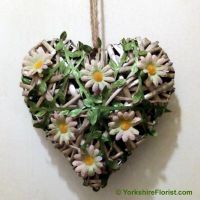 Shabby chic wicker heart with silk roses and pearls